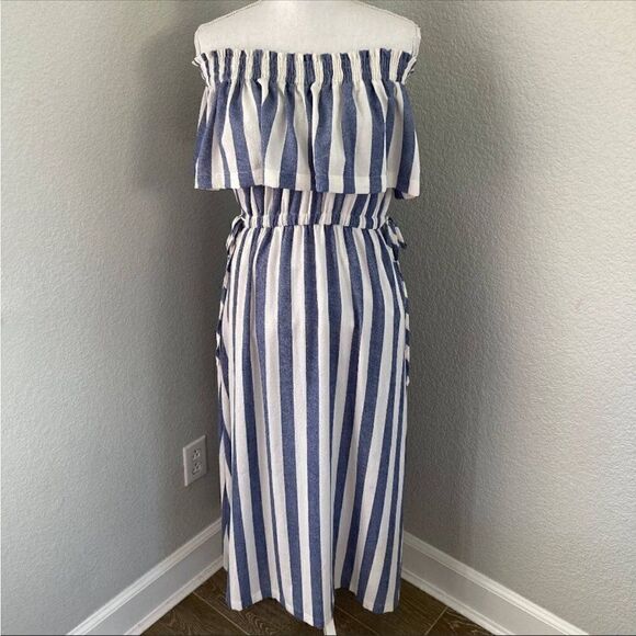 Ark & Co Womens Blue//White Striped Off Shoulder Smocked Maxi Dress Medium - Picture 2 of 11